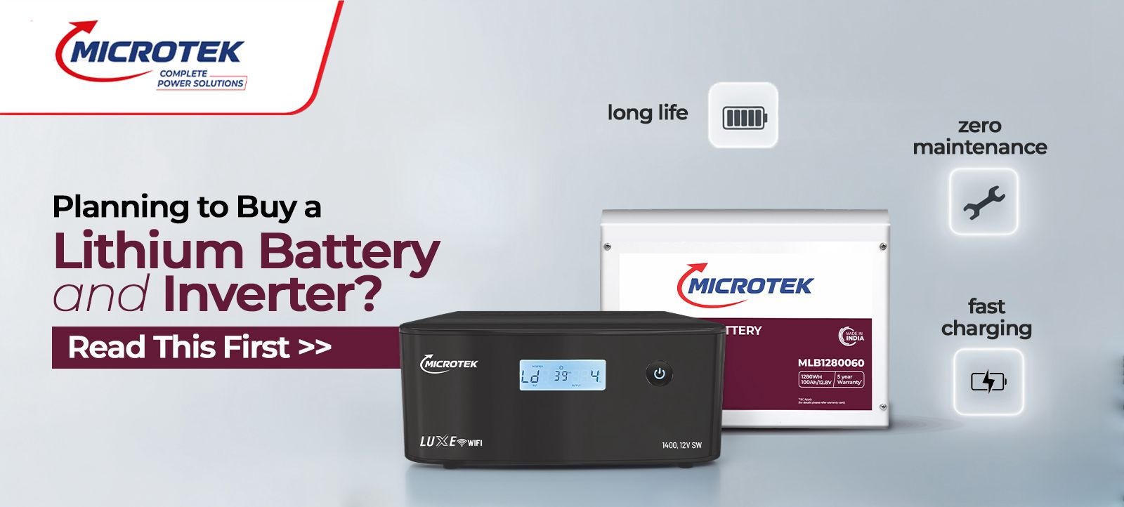 Microtek lithium battery and inverter for efficient home power backup.