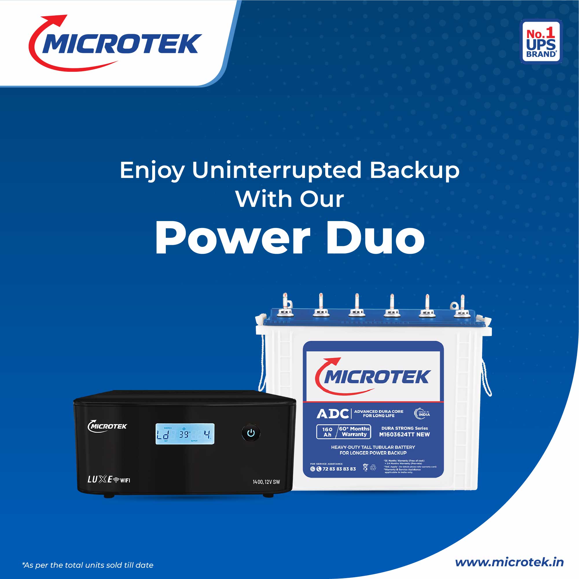 Microtek Inverter with Battery Combo for Home, Office & Shops | Luxe WiFi 1400 12V Pure Sine Wave 1100VA + M1603624TT 160Ah Tubular Battery |