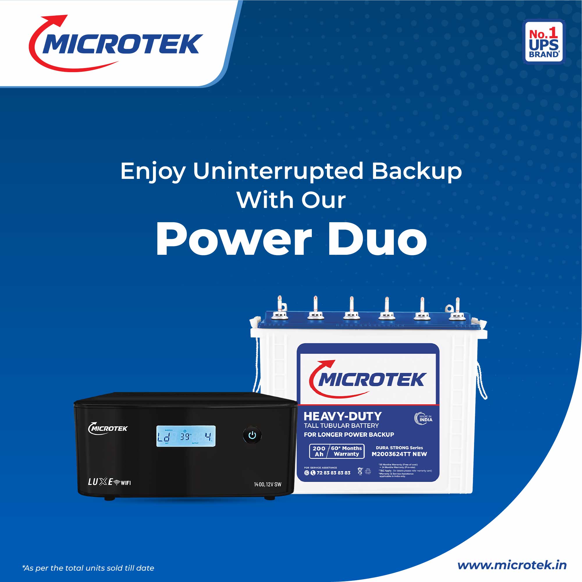 Microtek Inverter with Battery Combo for Home, Office & Shops | Luxe WiFi 1400 12V Pure Sine Wave 1100VA + M2003624TT 200Ah Tubular Battery |