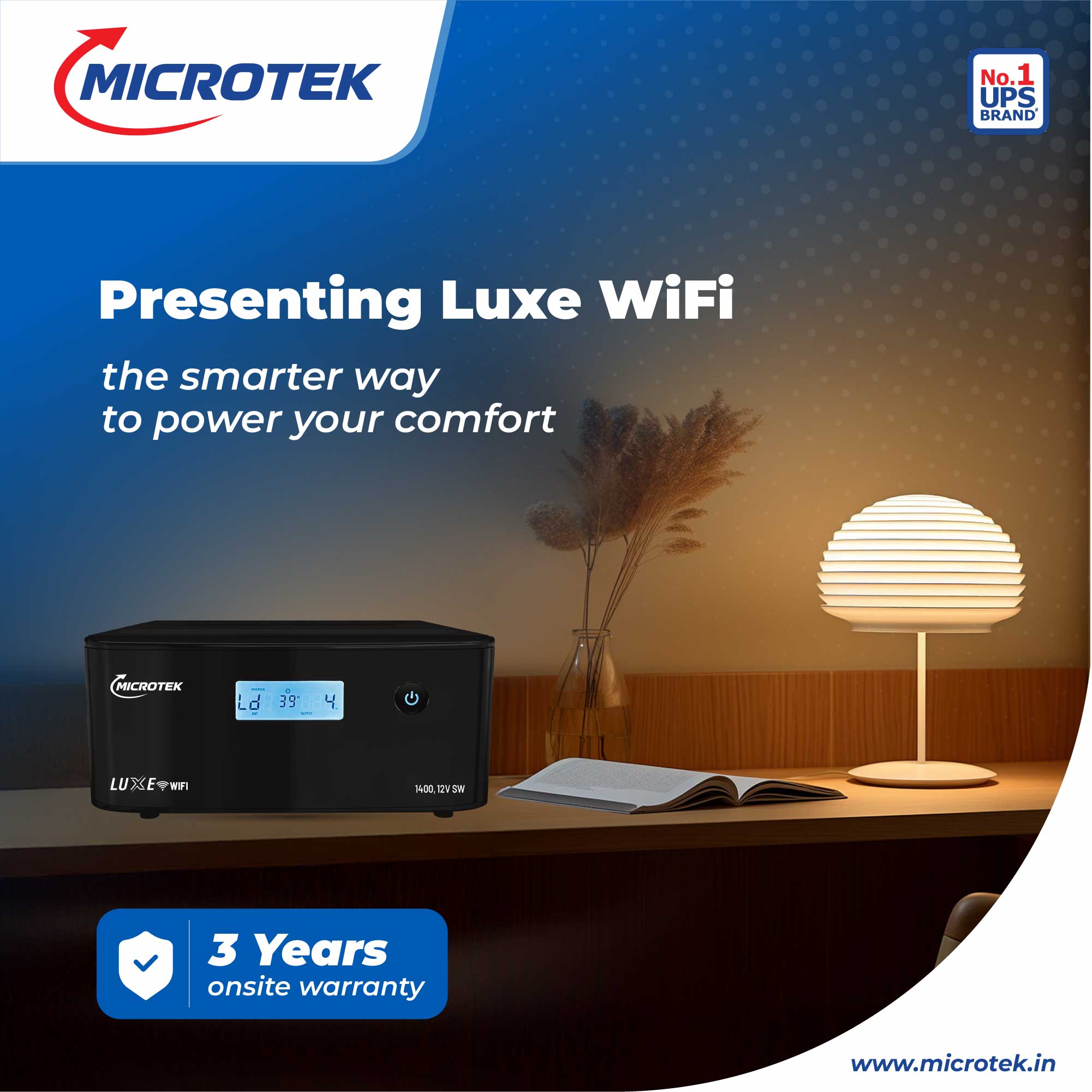 Microtek Inverter with Battery Combo for Home, Office & Shops | Luxe WiFi 1400 12V Pure Sine Wave 1100VA + M1603624TT 160Ah Tubular Battery |