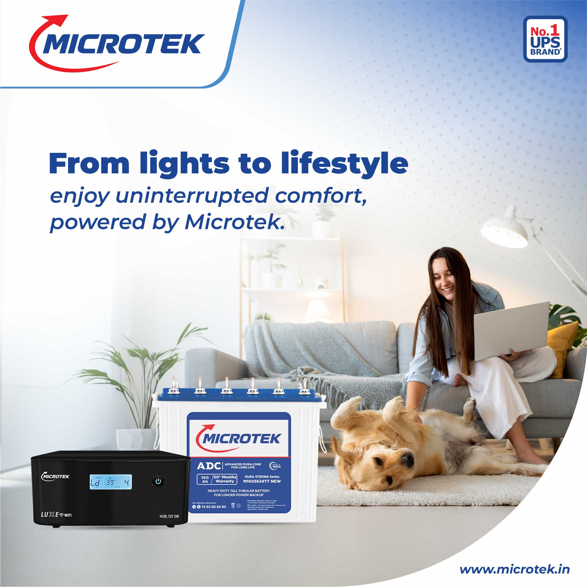 Microtek Inverter with Battery Combo for Home, Office & Shops | Luxe WiFi 1400 12V Pure Sine Wave 1100VA + M1603624TT 160Ah Tubular Battery |