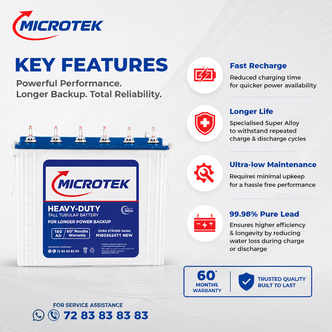 Microtek Dura Strong M1803624TT | 180AH Inverter Battery with ADC Technology