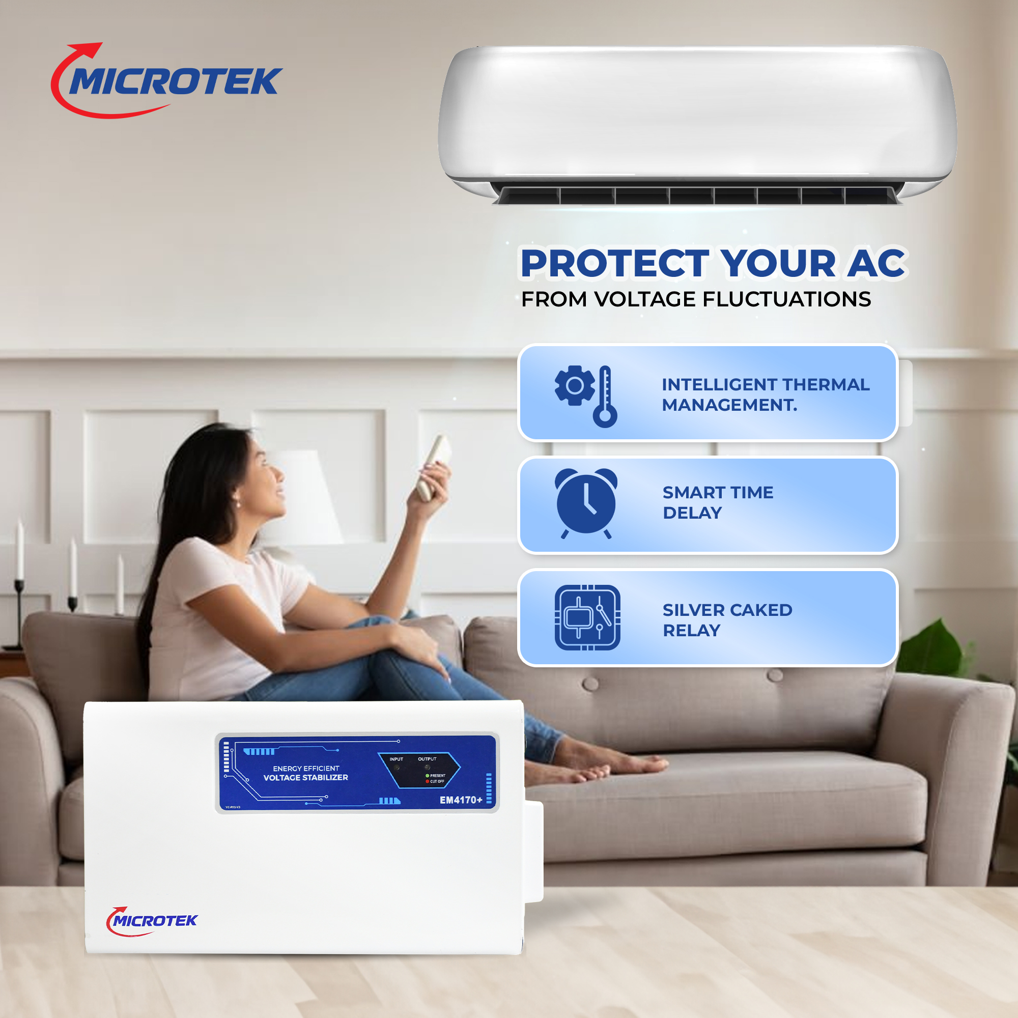 Microtek EM4170+ Voltage Stabilizer for Up to 1.5 Ton Air Conditioner | 170V-270V Working Range | LED Display