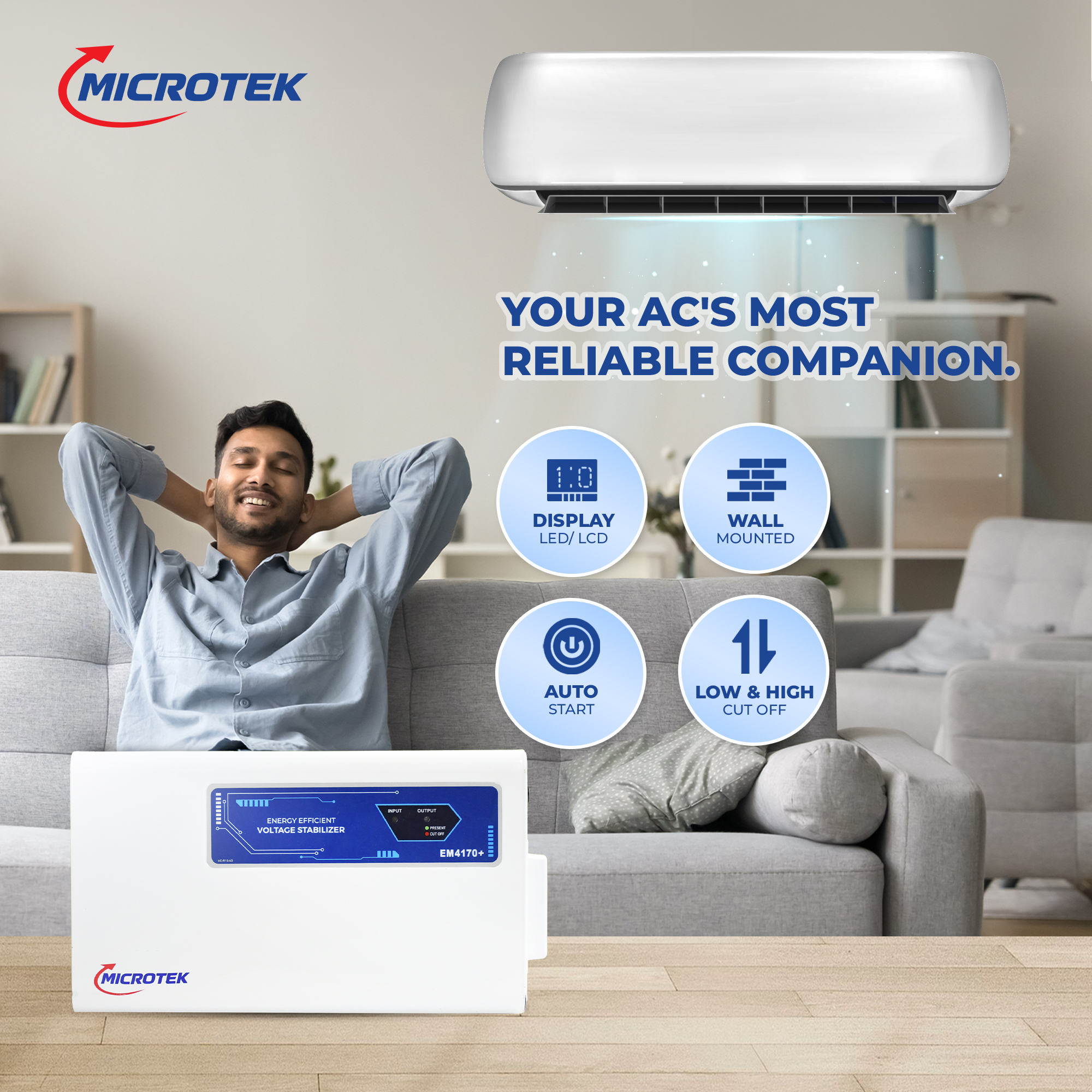 Microtek EM4170+ Voltage Stabilizer for Up to 1.5 Ton Air Conditioner | 170V-270V Working Range | LED Display