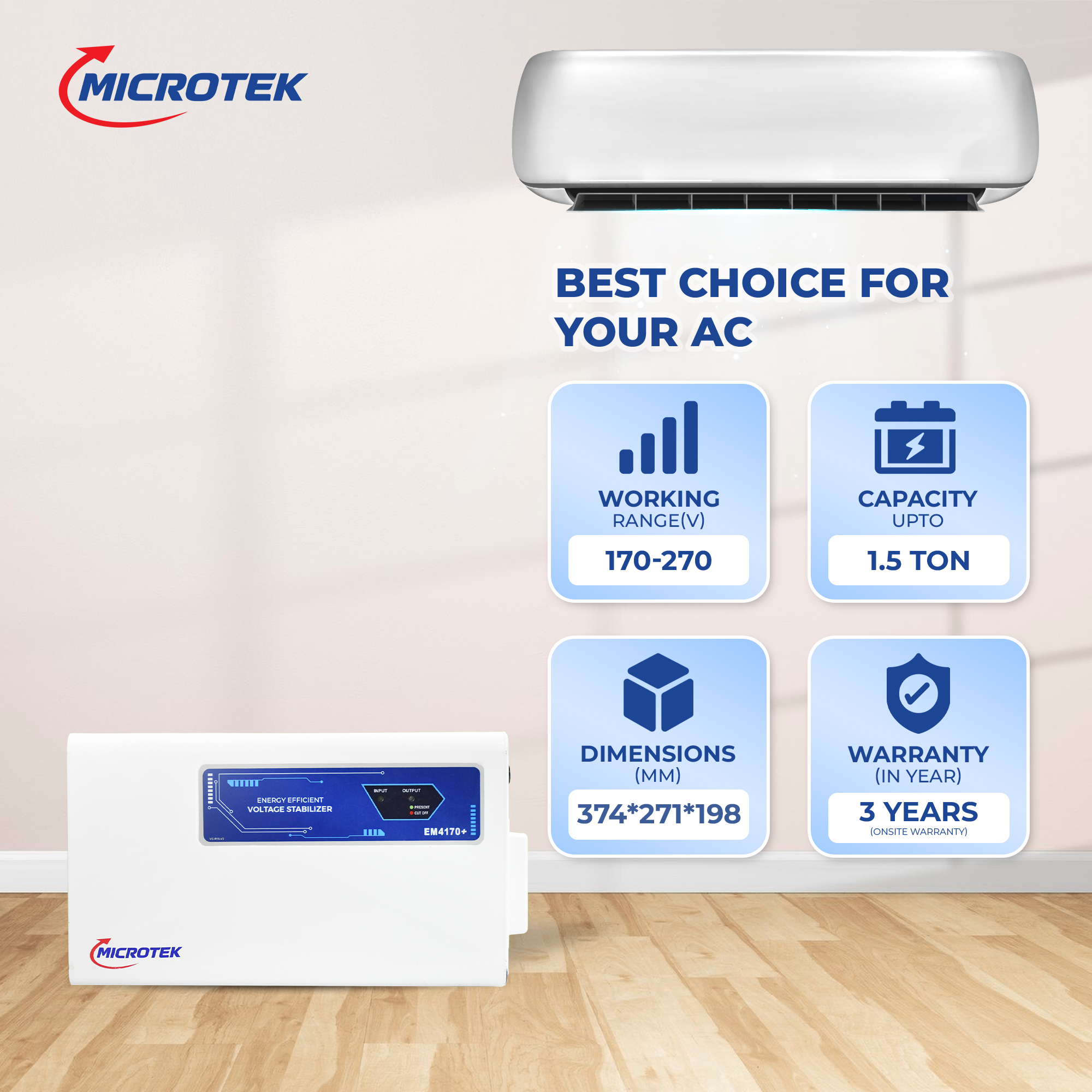 Microtek EM4170+ Voltage Stabilizer for Up to 1.5 Ton Air Conditioner | 170V-270V Working Range | LED Display