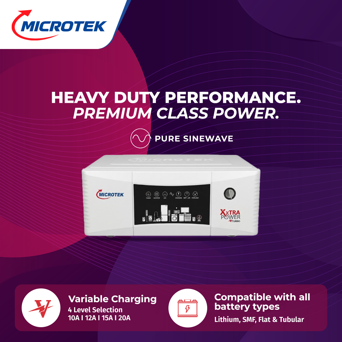Microtek XXtra Power vTURBO NEW 1600 12V SW Pure Sine Wave Inverter for Home | 1250VA/1000W Power Backup | Supports Single 12V Battery | 3 Years Warranty