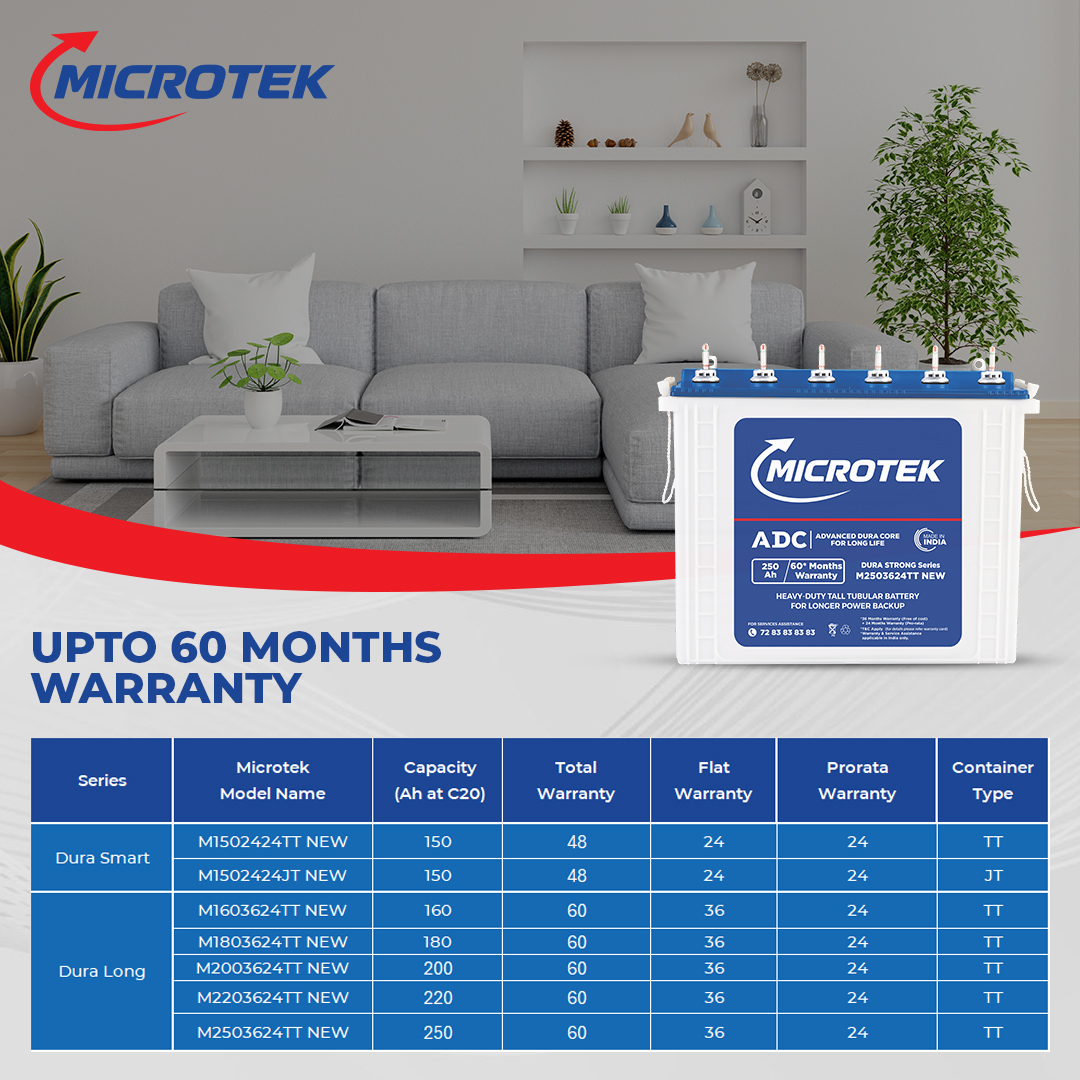 Microtek Dura Strong M2503624TT | 250Ah Tall Tubular Inverter Battery with ADC Technology