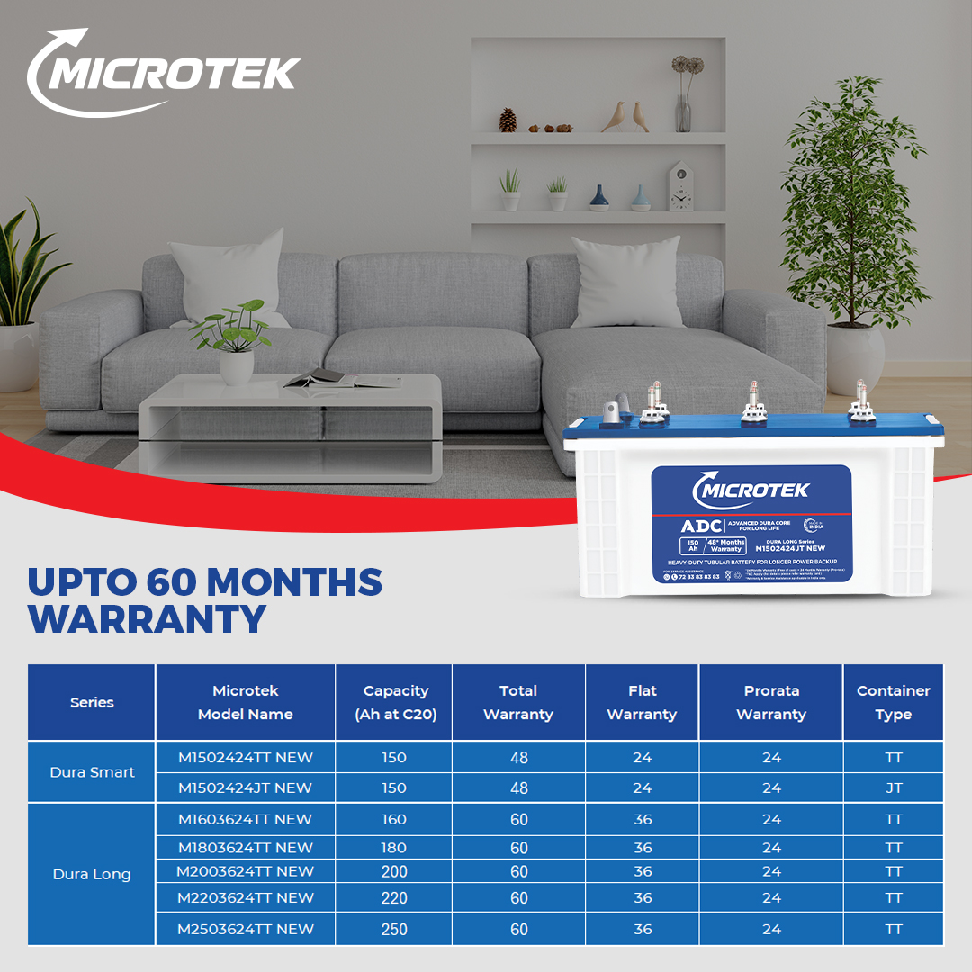 Microtek Dura Long M1502424JT | 150Ah Jumbo Tubular Inverter Battery with ADC Technology