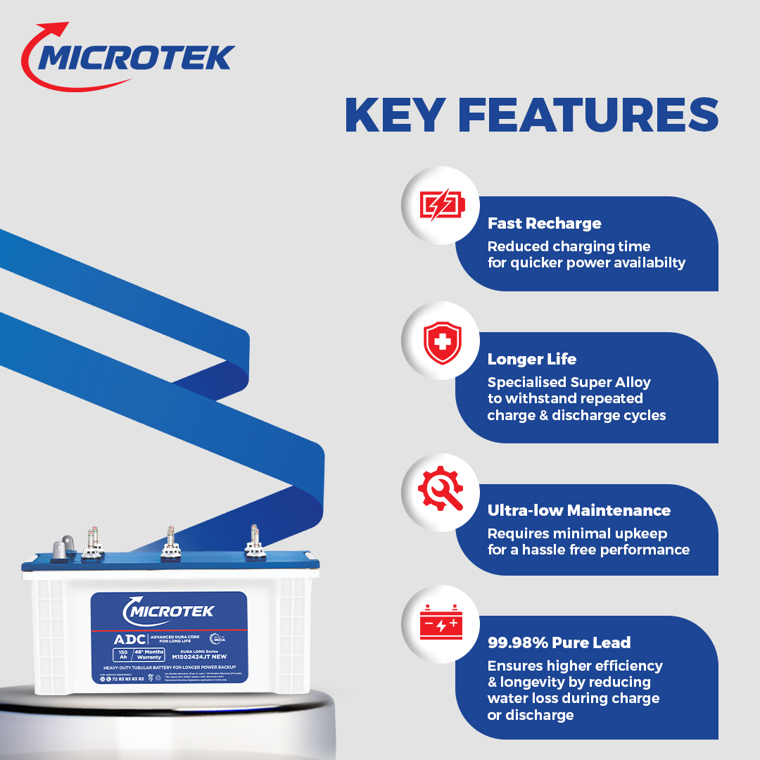 Microtek Dura Long M1502424JT | 150Ah Jumbo Tubular Inverter Battery with ADC Technology
