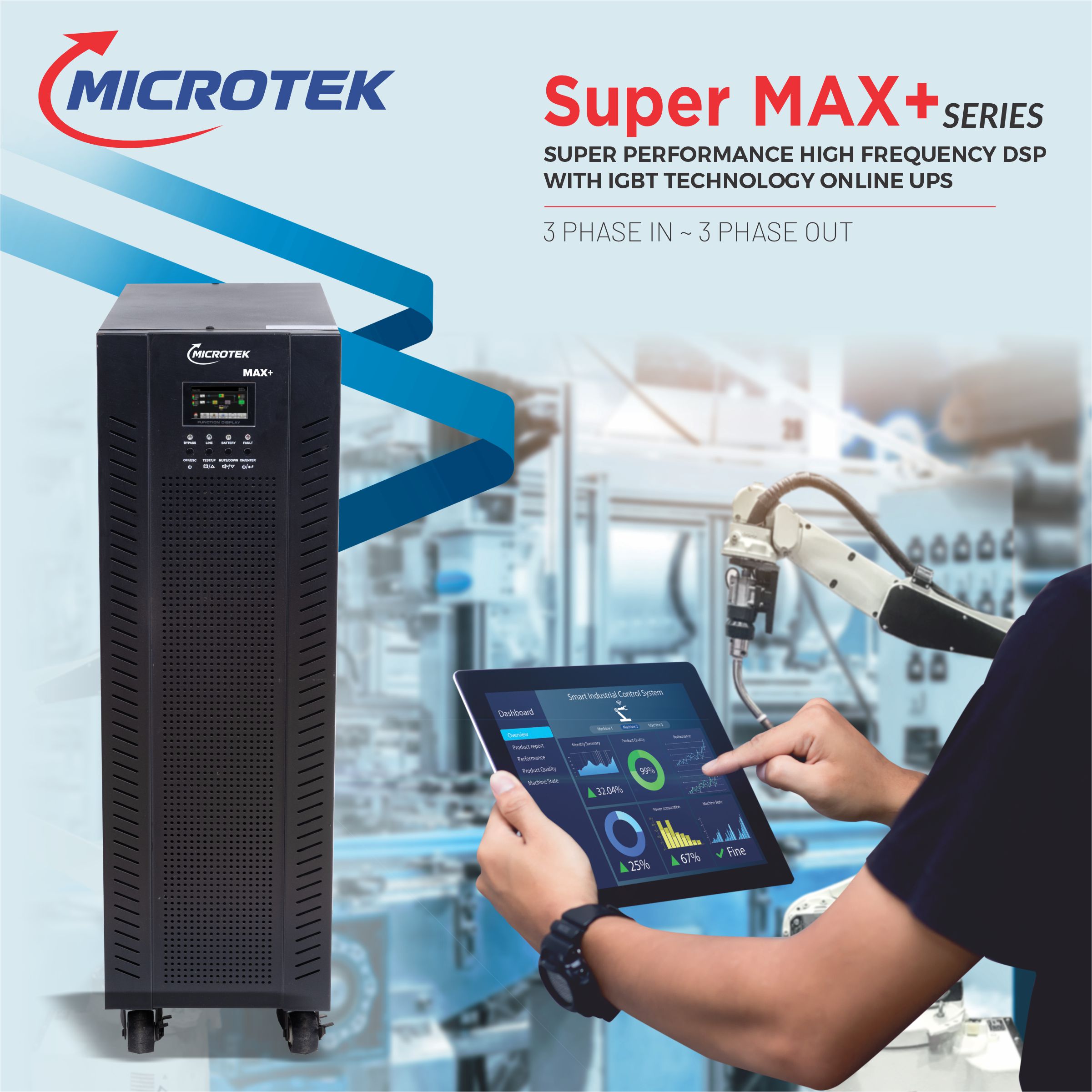 ONLINE UPS 40KVA, 3PH:3PH, ±192V (384V) HF SUPERMAX+ (WITH 4.3 INCHES TOUCH PANEL LCD DISPLAY)