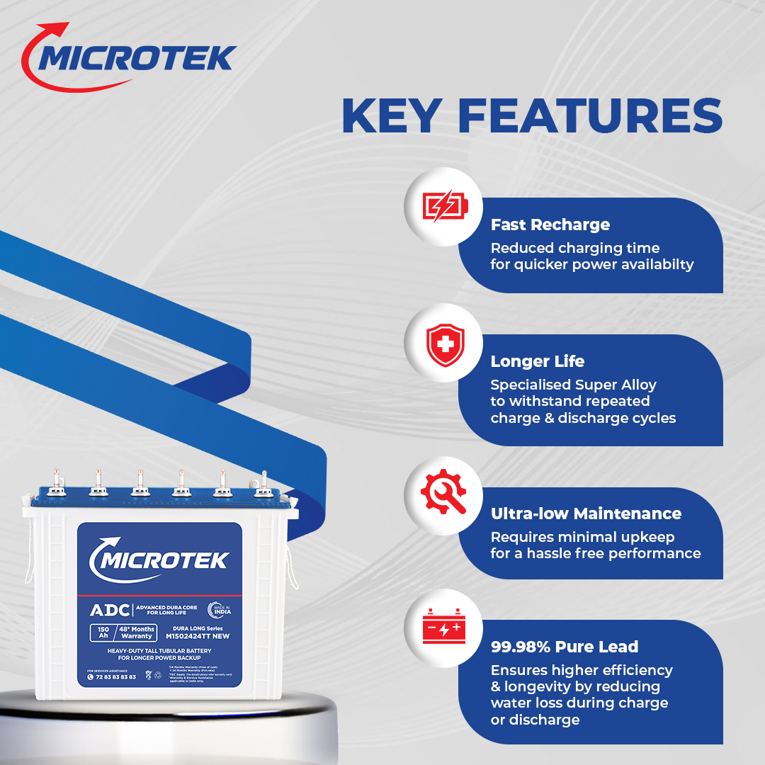 Microtek Dura Long M1502424TT | 150Ah Tall Tubular Inverter Battery with ADC Technology