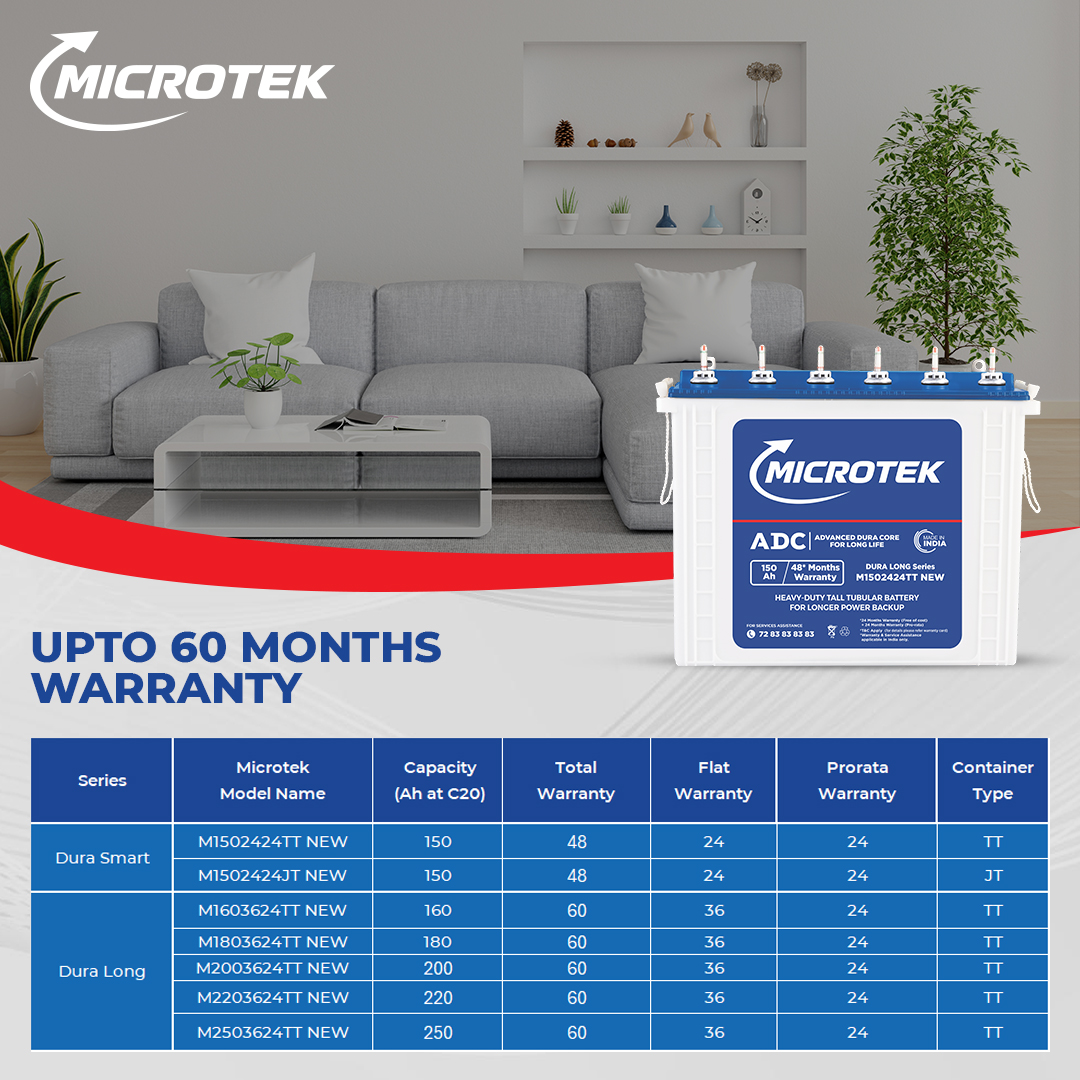 Microtek Dura Long M1502424TT | 150Ah Tall Tubular Inverter Battery with ADC Technology